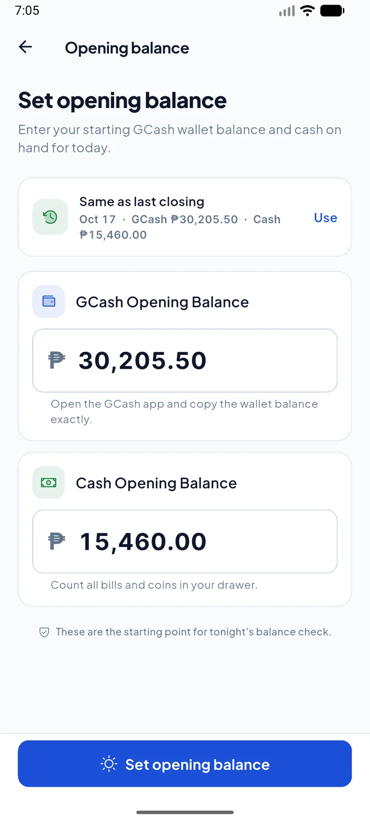 Cashi's Set Opening Balance screen with the GCash and cash amounts filled in from last closing