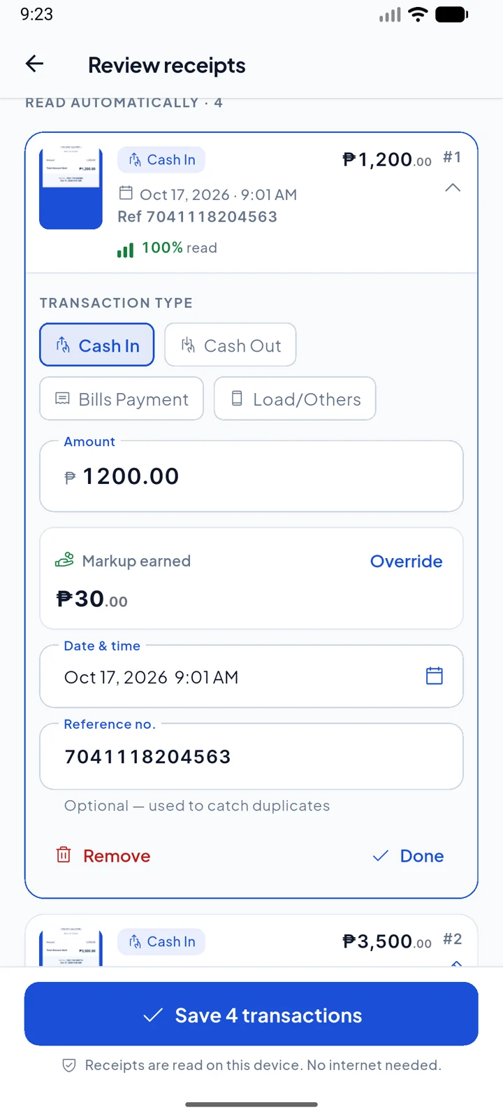 Review receipts screen showing ₱30 markup earned on a ₱1,200 cash in