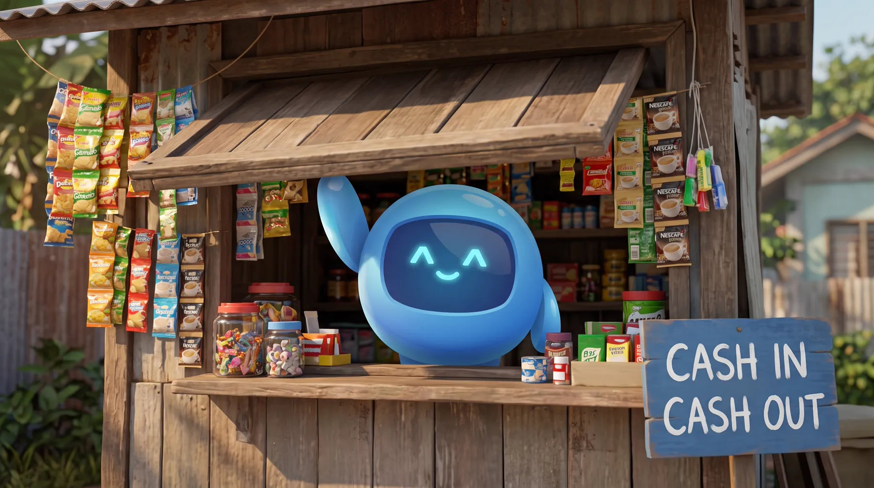 Illustration of Cashi opening a small sari-sari store in the morning, with a Cash in, Cash out sign