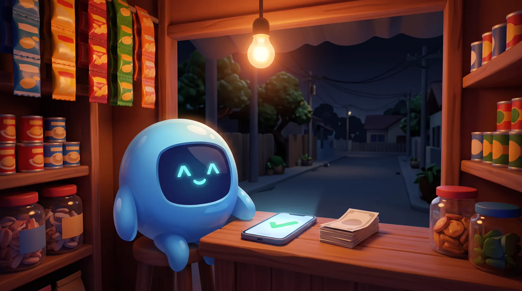 Illustration of Cashi at the store counter at night beside a phone showing a green check